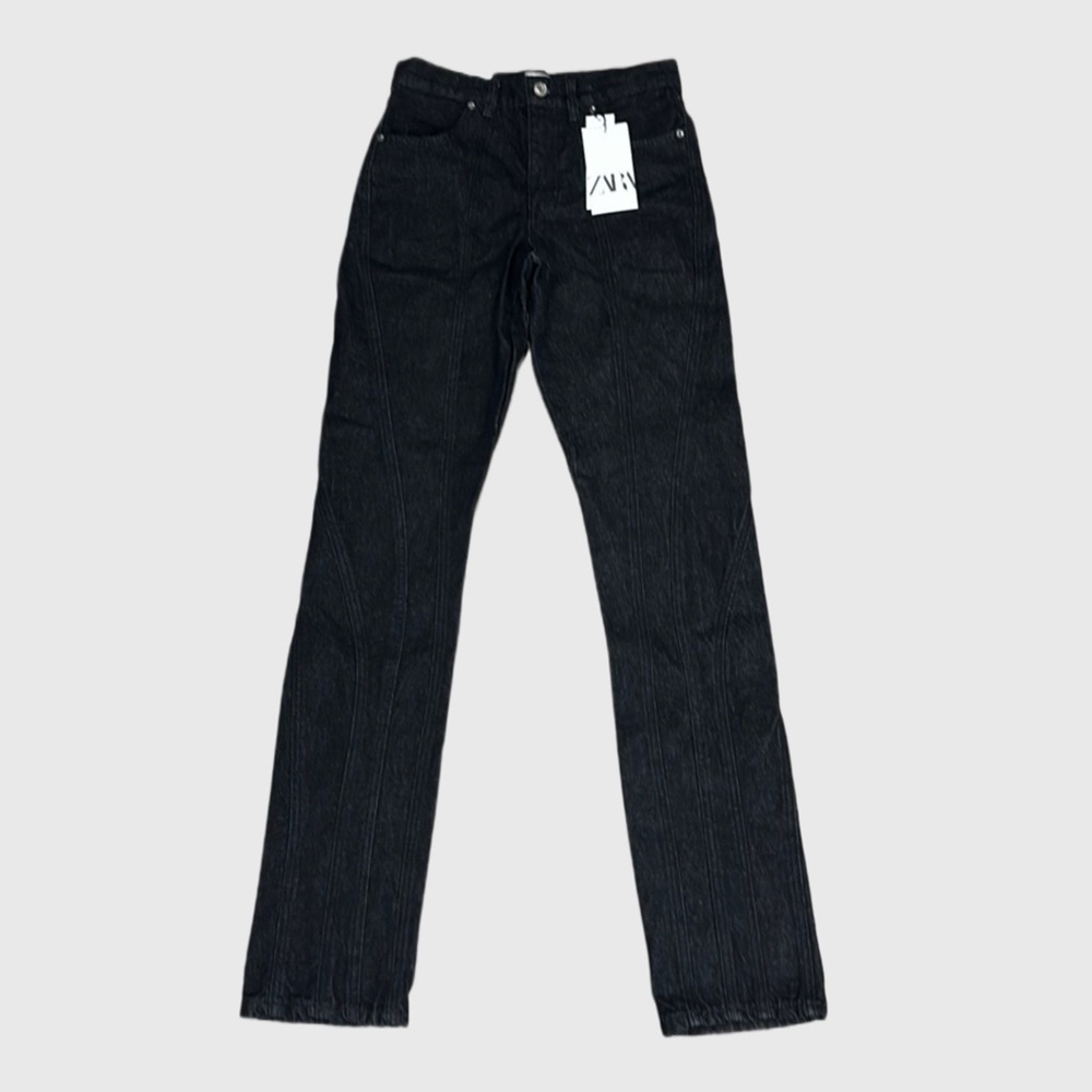 NWT Zara Women’s The Paneled Slim Straight Leg Jeans High Rise Black Sz 2